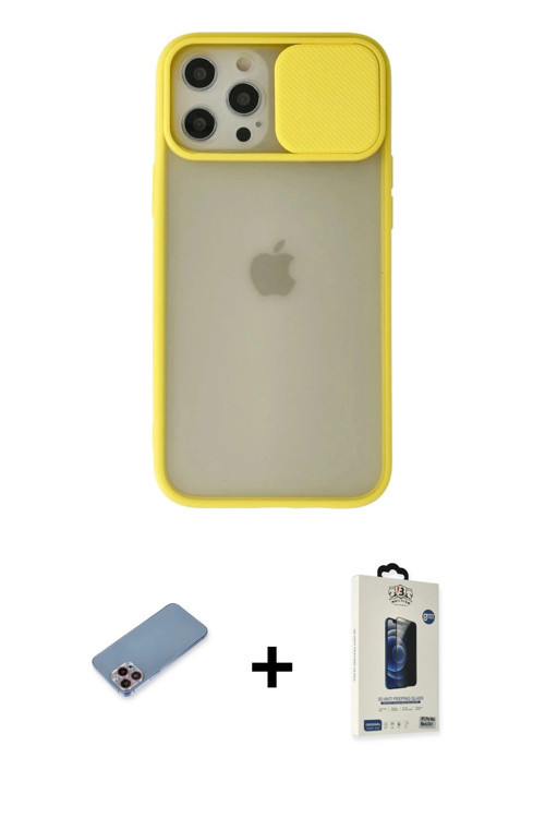 ieg™ iPhone 12 Pro Max Kılıf Vadi Çizgi - Siyah Bilvis Hayalet Cam Ekran Koruyucu + Pembe Shine Kame