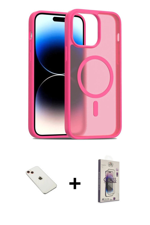 ieg™ iPhone 14 Kılıf Siluet Minimal Prime - Siyah Bilvis 3D Cam Ekran Koruyucu + Kırmızı Diamond Kam
