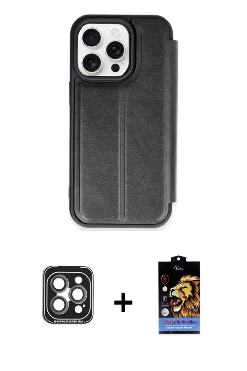 ieg™ iPhone 15 Pro Max Kılıf Zirve Yansıma Serisi - Siyah Buffer Hayalet Cam Ekran Koruyucu + Gri PV