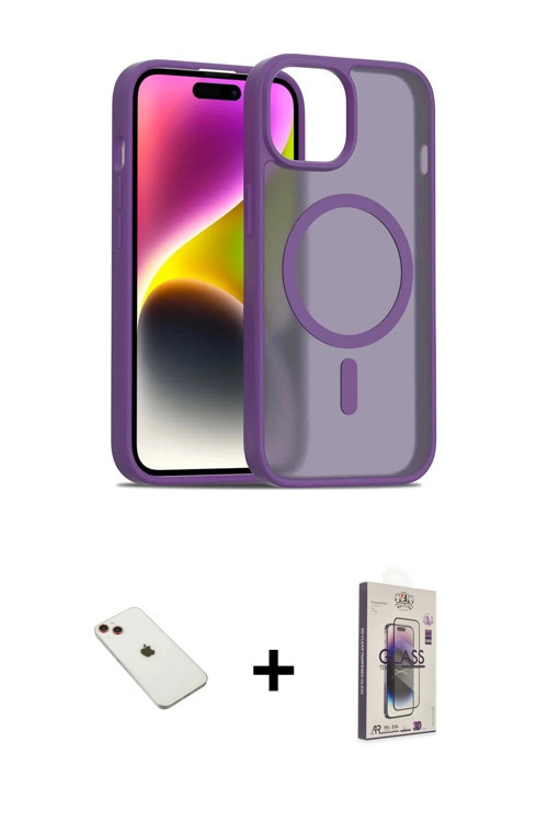 ieg™ iPhone 14 Kılıf Siluet Minimal Prime - Siyah Bilvis 3D Cam Ekran Koruyucu + Kırmızı Diamond Kam