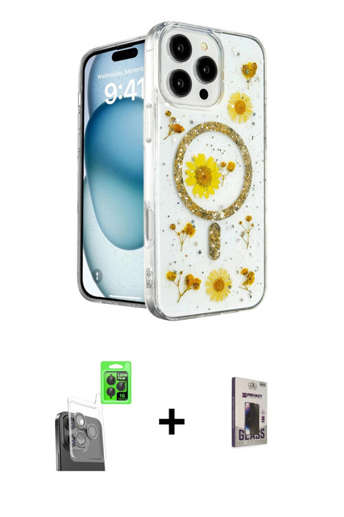ieg™ iPhone 16 Pro Kılıf Kozmos Doku - Siyah Bilvis Hayalet Cam Ekran Koruyucu + Siyah Raze Metal Ka