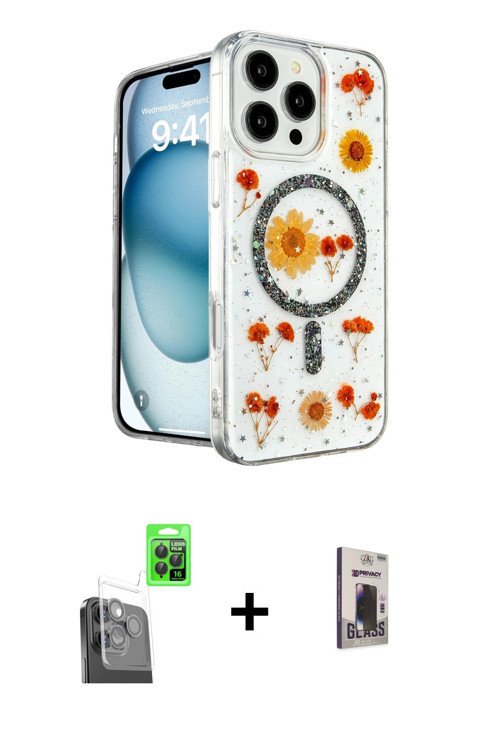 ieg™ iPhone 16 Pro Kılıf Kozmos Doku - Siyah Bilvis Hayalet Cam Ekran Koruyucu + Siyah Raze Metal Ka