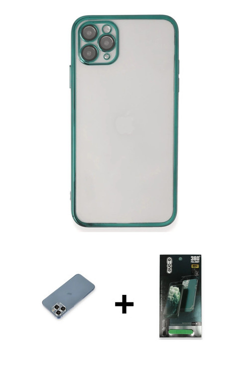 ieg™ iPhone 11 Pro Max Kılıf Vadi Minimal - Şeffaf 360 Full Body Arka Koruyucu + Gümüş Metal Kamera