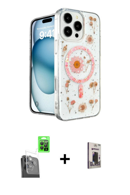 ieg™ iPhone 16 Pro Kılıf Kozmos Doku - Siyah Bilvis Hayalet Cam Ekran Koruyucu + Siyah Raze Metal Ka