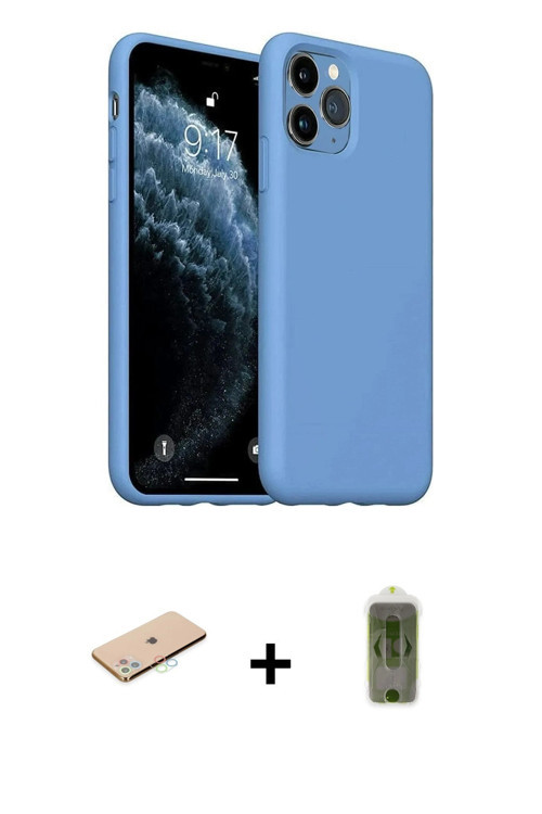 ieg™ iPhone 11 Pro Max Kılıf Ahenk Serisi - Siyah Joko Magic 5D Hayalet Cam + Mavi Renkli Kamera Len