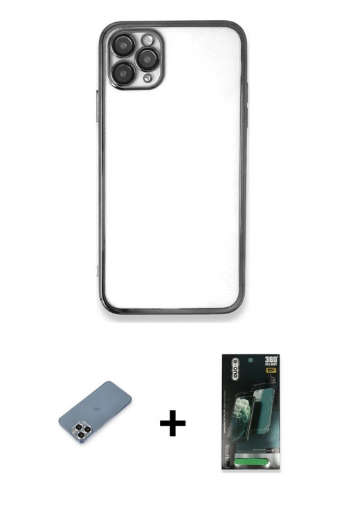 ieg™ iPhone 11 Pro Max Kılıf Vadi Minimal - Şeffaf 360 Full Body Arka Koruyucu + Gümüş Metal Kamera
