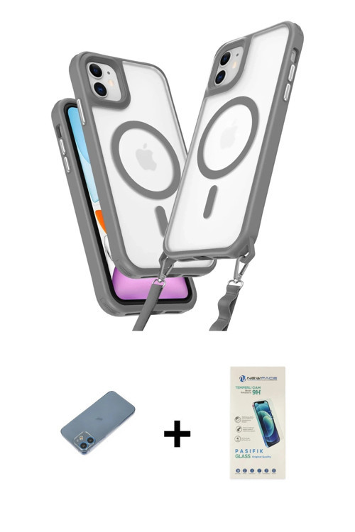 ieg™ iPhone 12 Kılıf Atlas Doku Koleksiyonu - Şeffaf Pasifik Cam Ekran Koruyucu + Mavi Shine Kamera