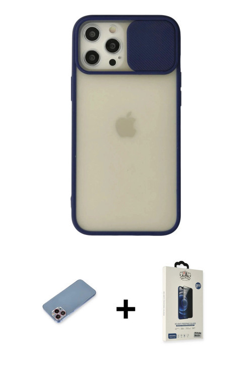ieg™ iPhone 12 Pro Max Kılıf Vadi Çizgi - Siyah Bilvis Hayalet Cam Ekran Koruyucu + Pembe Shine Kame