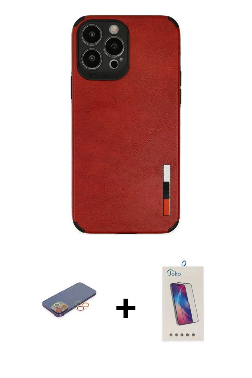 ieg™ iPhone 13 Pro Max Kılıf Doruk Asil Koleksiyonu - Siyah Joko 5D Cam + Turuncu Renkli Kamera Lens