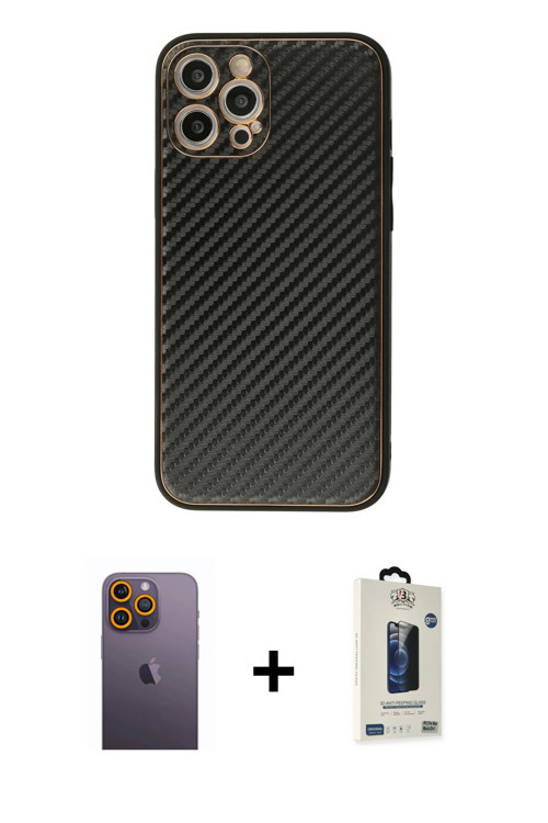 ieg™ iPhone 12 Pro Max Kılıf Ahenk Işık - Siyah Bilvis Hayalet Cam Ekran Koruyucu + Sarı Neon Fosfor