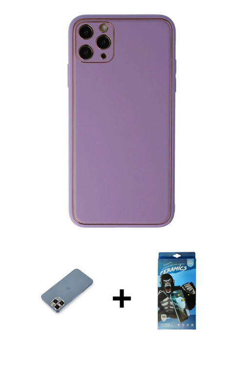 ieg™ iPhone 11 Pro Max Kılıf Yadigar Klasik - Siyah 34D Izgaralı Cam + Mor Metal Kamera Lens Koruma