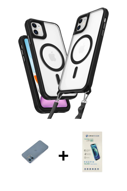 ieg™ iPhone 12 Kılıf Atlas Doku Koleksiyonu - Şeffaf Pasifik Cam Ekran Koruyucu + Mavi Shine Kamera