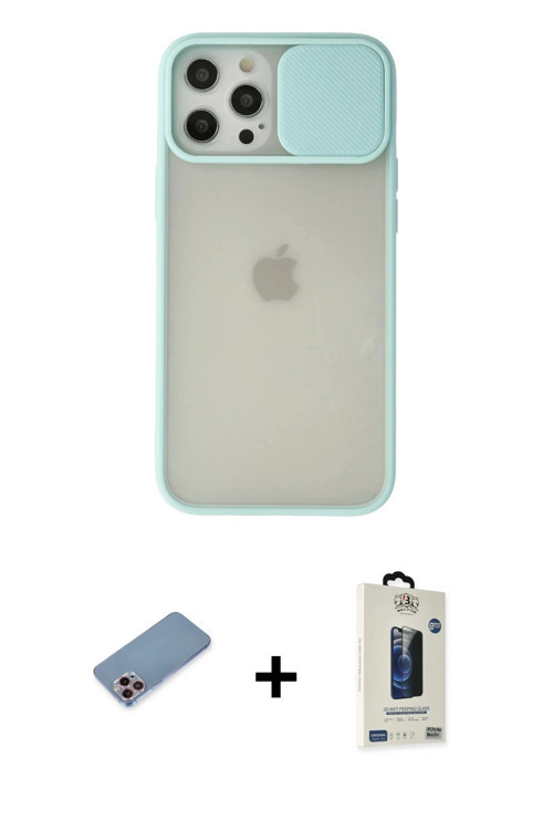 ieg™ iPhone 12 Pro Max Kılıf Vadi Çizgi - Siyah Bilvis Hayalet Cam Ekran Koruyucu + Pembe Shine Kame
