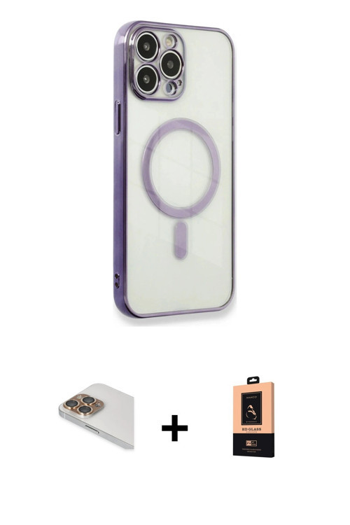 ieg™ iPhone 13 Pro Max Kılıf Doruk Minimal - Şeffaf Maxco Cam Ekran Koruyucu + Gold Pers Alüminyum K