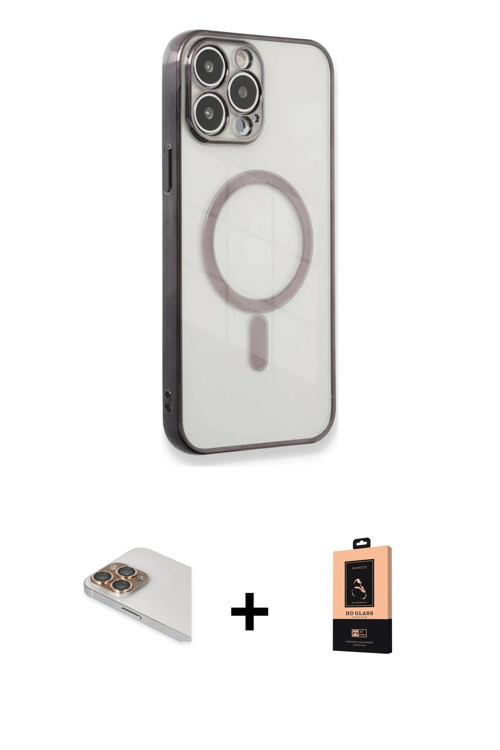 ieg™ iPhone 13 Pro Max Kılıf Doruk Minimal - Şeffaf Maxco Cam Ekran Koruyucu + Gold Pers Alüminyum K