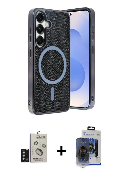ieg™ Galaxy S24 Kılıf Eksen Çizgi - Siyah Vanessa Magic Cam + Titanyum Gri Bilvis Titan Kamera Lens