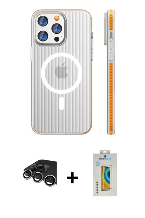 ieg™ iPhone 14 Pro Max Kılıf Pusula Minimal Koleksiyonu - Siyah Polymer Nano Ekran Koruyucu + Gümüş