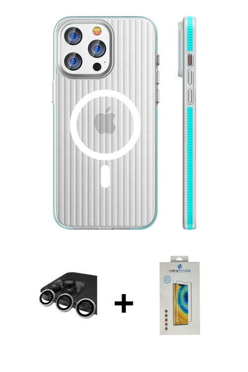 ieg™ iPhone 14 Pro Max Kılıf Pusula Minimal Koleksiyonu - Siyah Polymer Nano Ekran Koruyucu + Gümüş