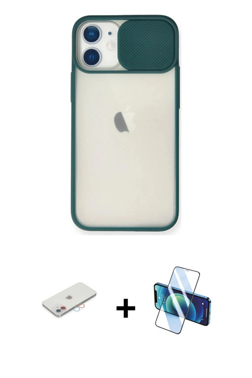 ieg™ iPhone 11 Kılıf Vadi Çizgi - Siyah 3D Antistatik Cam Ekran Koruyucu + Pembe Renkli Kamera Lens