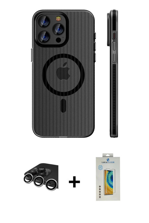 ieg™ iPhone 14 Pro Max Kılıf Pusula Minimal Koleksiyonu - Siyah Polymer Nano Ekran Koruyucu + Gümüş