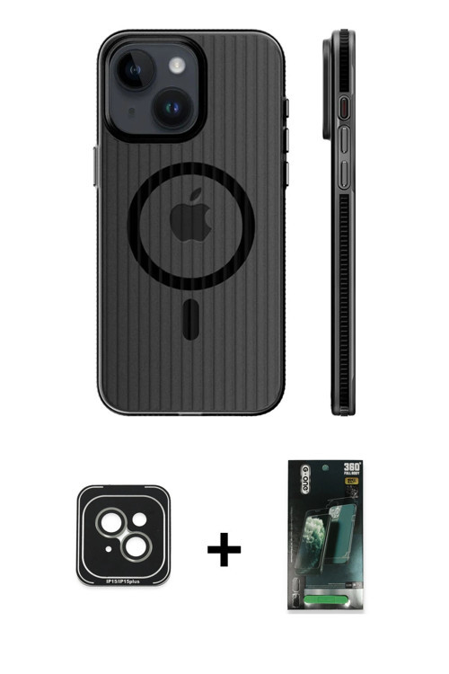 ieg™ iPhone 15 Kılıf Pusula Minimal Koleksiyonu - Siyah 360 Mat Full Body Arka Koruyucu + Yeşil PVD