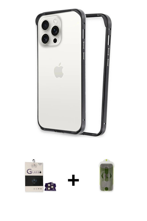 ieg™ iPhone 14 Pro Max Kılıf Pusula Asil Koleksiyonu - Siyah Joko Magic 5D Hayalet Cam + Gold Bilvis