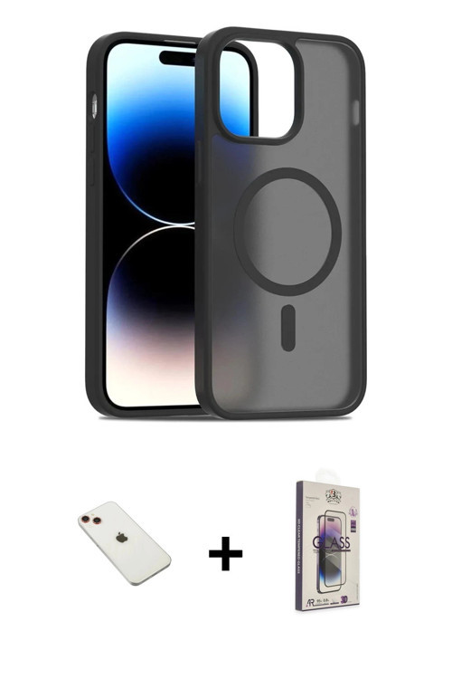 ieg™ iPhone 14 Kılıf Siluet Minimal Prime - Siyah Bilvis 3D Cam Ekran Koruyucu + Kırmızı Diamond Kam