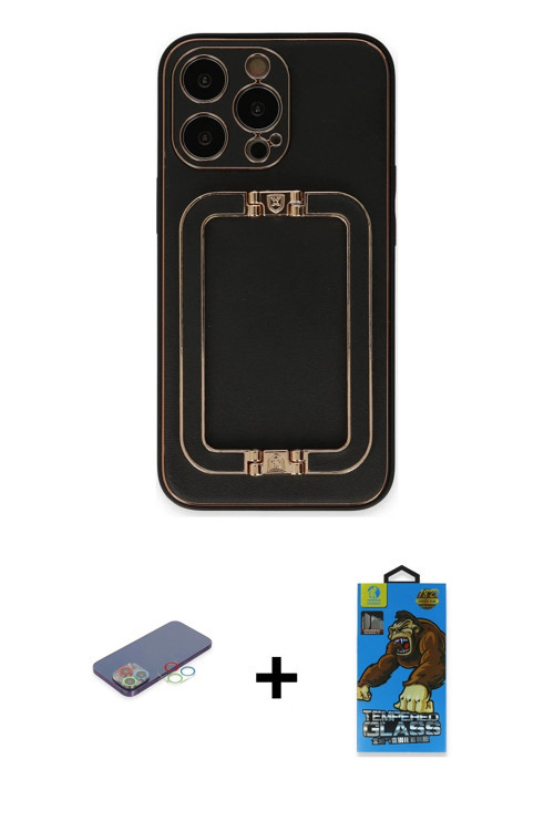 ieg™ iPhone 13 Pro Max Kılıf Kozmos Minimal Prime - Siyah 18D Cam Ekran Koruyucu + Mavi Renkli Kamer
