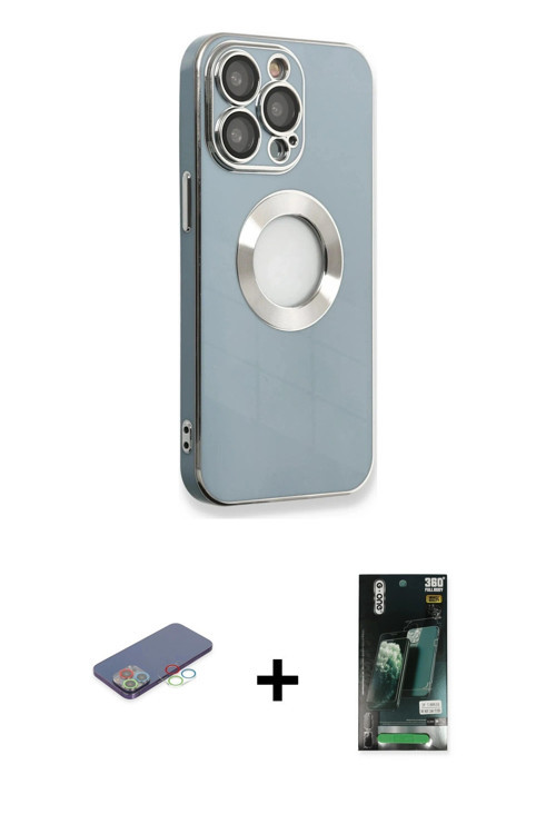 ieg™ iPhone 13 Pro Max Kılıf İz Form Serisi - Şeffaf 360 Full Body Arka Koruyucu + Mavi Renkli Kamer