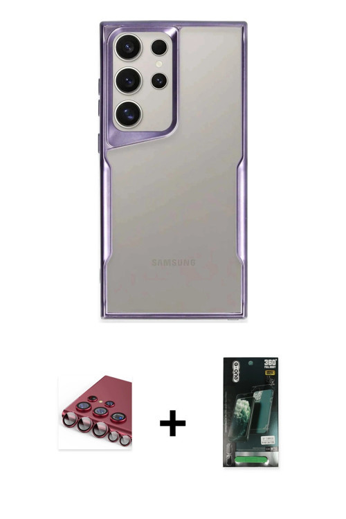 ieg™ Galaxy S23 Ultra Kılıf Akış Çizgi Koleksiyonu - Şeffaf 360 Full Body Arka Koruyucu + Kırmızı Va