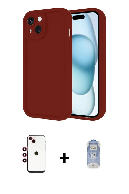 ieg™ iPhone 14 Kılıf Yankı Yansıma Özel Seri - Siyah Joko Magic 5D Cam + Kırmızı Shine Kamera Lens
