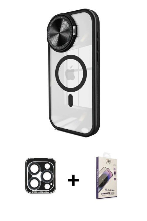 ieg™ iPhone 15 Pro Max Kılıf Kıvılcım Modern Koleksiyonu - Siyah Bilvis 3D Mat Cam Ekran Koruyucu +