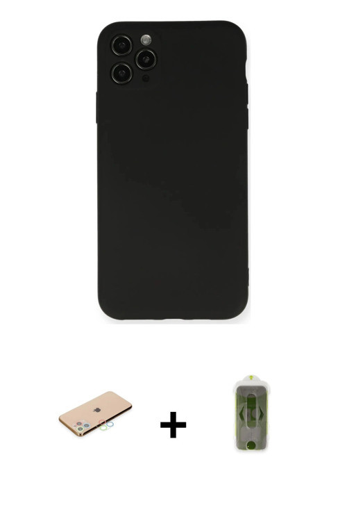 ieg™ iPhone 11 Pro Max Kılıf Ahenk Serisi - Siyah Joko Magic 5D Hayalet Cam + Mavi Renkli Kamera Len