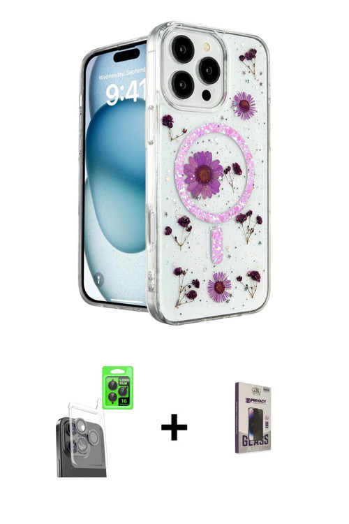 ieg™ iPhone 16 Pro Kılıf Kozmos Doku - Siyah Bilvis Hayalet Cam Ekran Koruyucu + Siyah Raze Metal Ka