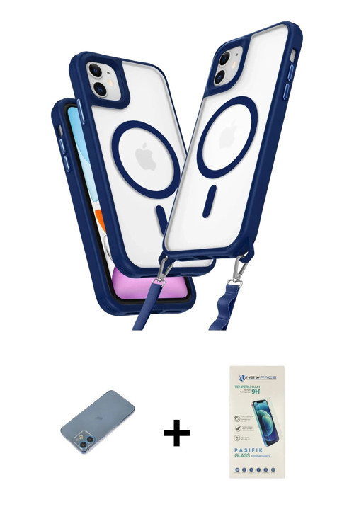 ieg™ iPhone 12 Kılıf Atlas Doku Koleksiyonu - Şeffaf Pasifik Cam Ekran Koruyucu + Mavi Shine Kamera