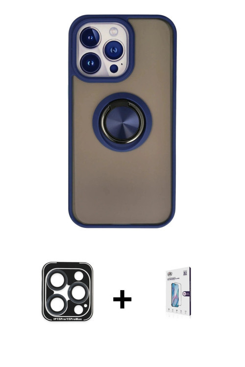 ieg™ iPhone 15 Pro Max Kılıf Yörünge Çizgi - Siyah Bilvis 0.18mm Plus Cam Ekran Koruyucu + Lacivert