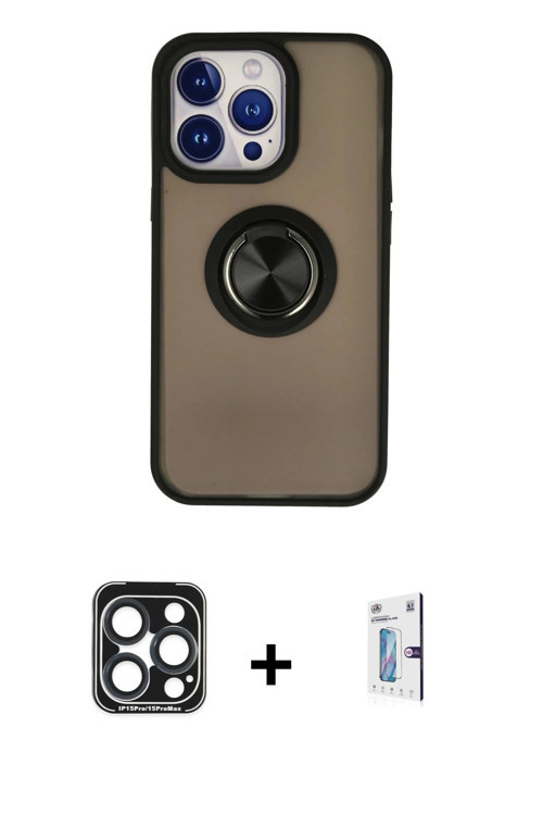 ieg™ iPhone 15 Pro Max Kılıf Yörünge Çizgi - Siyah Bilvis 0.18mm Plus Cam Ekran Koruyucu + Lacivert