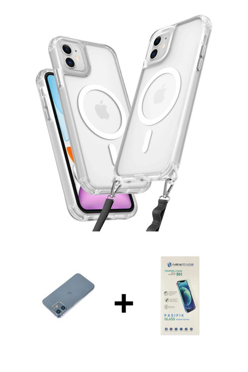 ieg™ iPhone 12 Kılıf Atlas Doku Koleksiyonu - Şeffaf Pasifik Cam Ekran Koruyucu + Mavi Shine Kamera