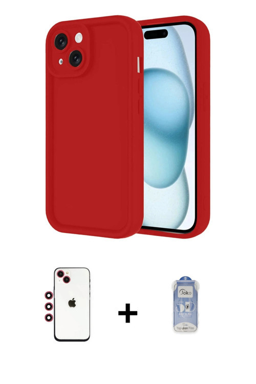 ieg™ iPhone 14 Kılıf Yankı Yansıma Özel Seri - Siyah Joko Magic 5D Cam + Kırmızı Shine Kamera Lens
