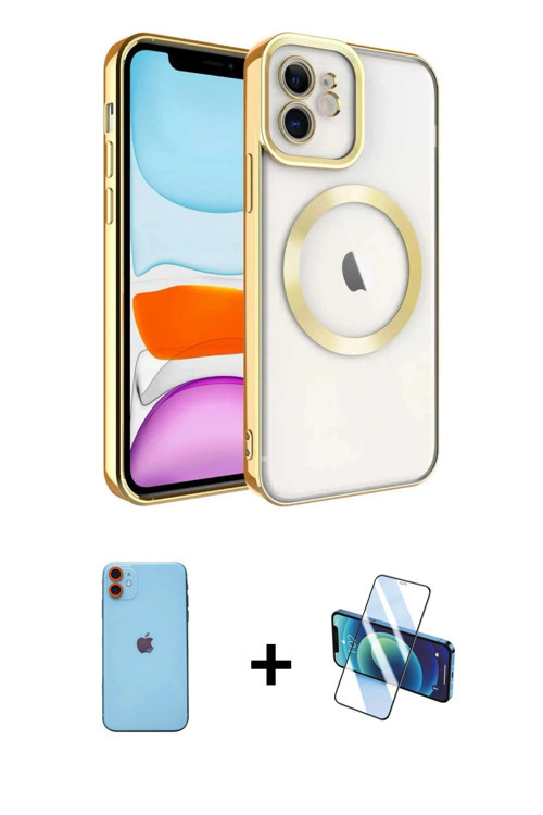 ieg™ iPhone 11 Kılıf Nova Işık Özel Seri - Siyah 3D Antistatik Cam Ekran Koruyucu + Turuncu Neon Fos