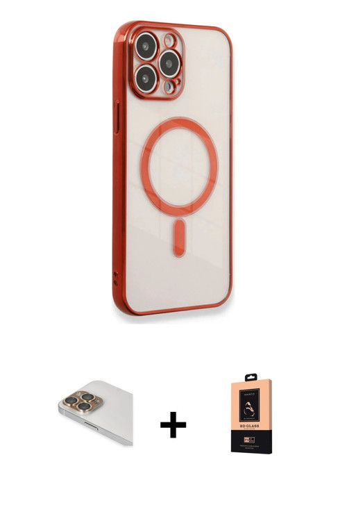ieg™ iPhone 13 Pro Max Kılıf Doruk Minimal - Şeffaf Maxco Cam Ekran Koruyucu + Gold Pers Alüminyum K