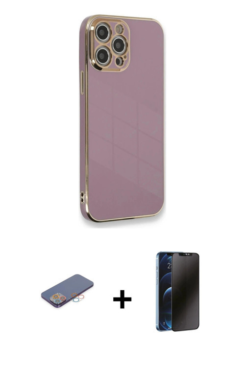 ieg™ iPhone 12 Pro Max Kılıf Yankı Serisi - Siyah 3D Antistatik Hayalet Cam Ekran Koruyucu + Pembe R