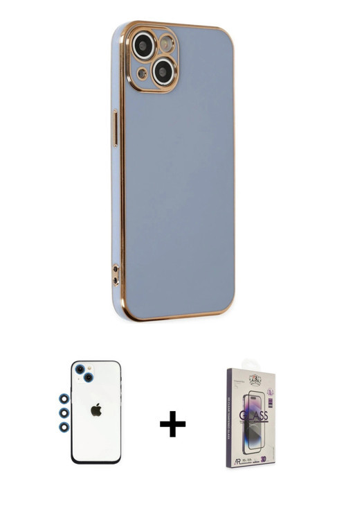 ieg™ iPhone 14 Kılıf Yankı Serisi - Siyah Bilvis 3D Cam Ekran Koruyucu + Mavi Shine Kamera Lens