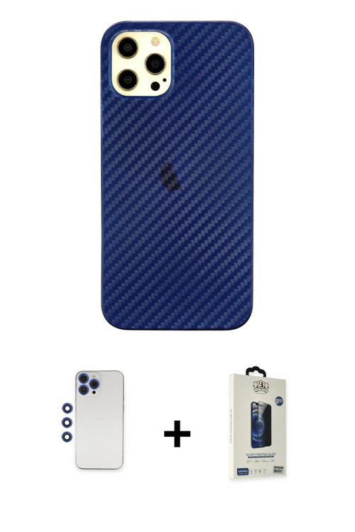 ieg™ iPhone 12 Pro Max Kılıf Nova Çizgi - Siyah Bilvis Hayalet Cam Ekran Koruyucu + Lacivert Shine K