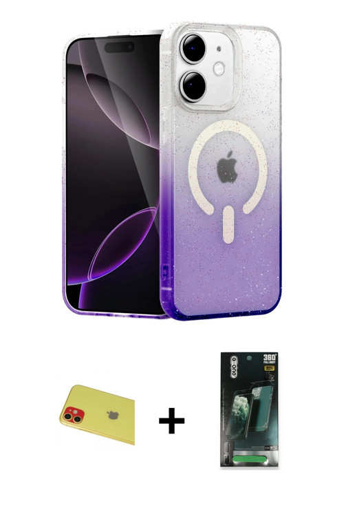 ieg™ iPhone 11 Kılıf Eksen Minimal Özel Seri - Şeffaf 360 Full Body Arka Koruyucu + Kırmızı Rainbow