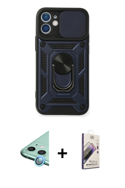 ieg™ iPhone 11 Kılıf Ahenk Klasik - Siyah Bilvis 3D Mat Cam Ekran Koruyucu + Mavi Raze Metal Kamera