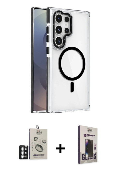 ieg™ Galaxy S25 Ultra Kılıf Kozmos Doku Koleksiyonu - Siyah Bilvis Hayalet Cam Ekran Koruyucu + Gümü