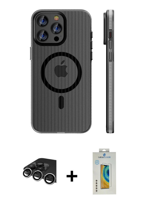 ieg™ iPhone 14 Pro Max Kılıf Pusula Minimal Koleksiyonu - Siyah Polymer Nano Ekran Koruyucu + Gümüş