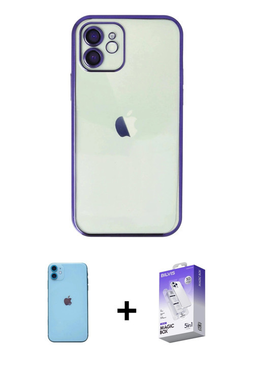 ieg™ iPhone 11 Kılıf Vadi Minimal - Siyah Bilvis 5in1 3D Magic Cam Ekran Koruyucu + Mavi Neon Fosfor