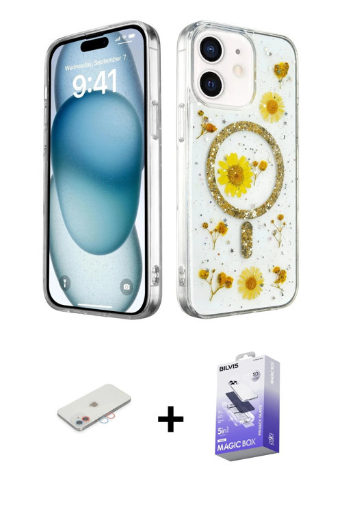 ieg™ iPhone 12 Kılıf Kozmos Doku - Siyah Bilvis 5in1 5D Magic Hayalet Cam Ekran Koruyucu + Pembe Ren